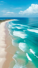 Breathtaking view of a serene beach with gentle waves at midday, showcasing clear turquoise waters and soft sandy shore