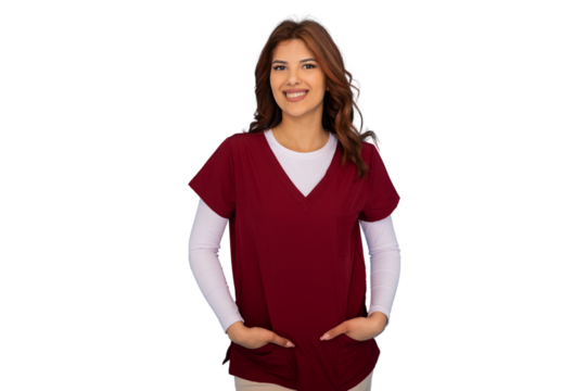 Young smiling nurse or doctor posing with hands in pockets on transparent background