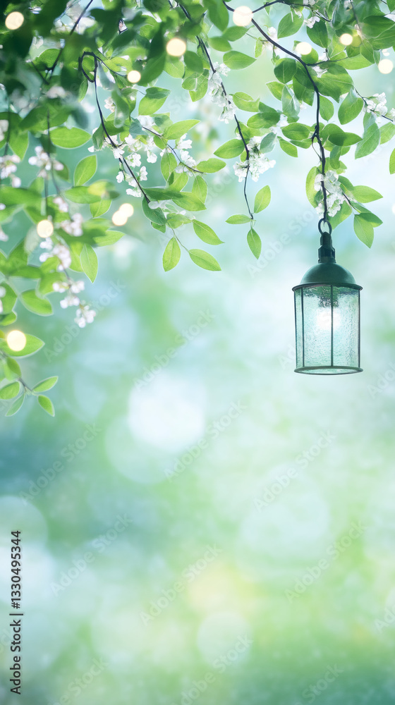 Aufkleber Antique metal and glass lantern hangs from the branch of a flowering tree, creating a peaceful spring scene