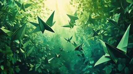 Paper origami birds float in the vibrant green forest light