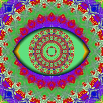 Hypnotic seamless abstract eye mandala loop with vibrant psychedelic patterns. Perfect for VJ performances, meditation visuals, streaming backgrounds, and electronic music events.