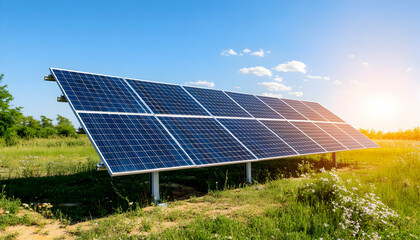 Solar panels installed in a grassy field under a clear blue sky