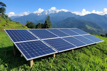 Solar panels installed on a hillside with mountains in the background