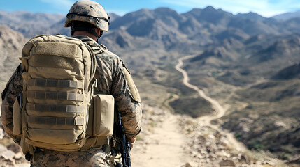 Soldier on desert mountain trail