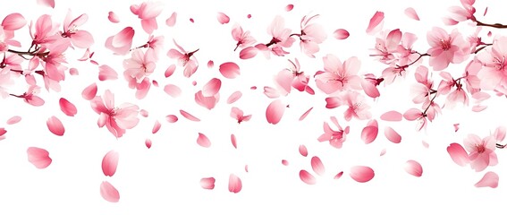 Cherry blossom petals gracefully float in the air against a white background, captured in high resolution with an ultra-wide lens, showcasing delicate pink hues in a professional illustration.