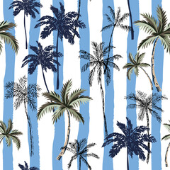 Tropical palm trees, striped light blue and white background. Seamless pattern. Vector illustration. Exotic nature. Summer beach design © ojardin