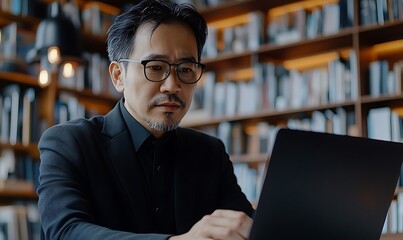 Businessman Working On Laptop In A Library