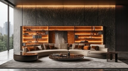 Modern curved sofa in luxury living room with backlit shelving and city view