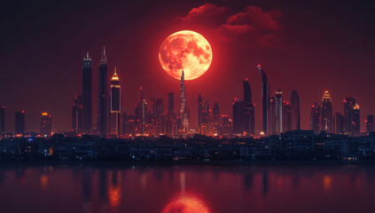 Obraz premium Blood moon photography tips. Capturing a blood moon over city skyline. Best locations for blood moon astrophotography. Techniques for ultra realistic moon photos.