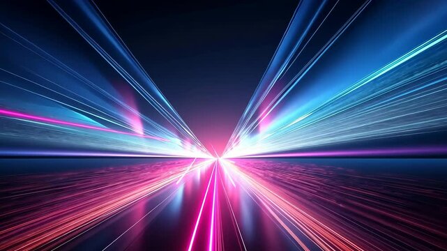 Dynamic, vibrant, fast-paced light streaks converging on a horizon.  Intense colors radiating outward