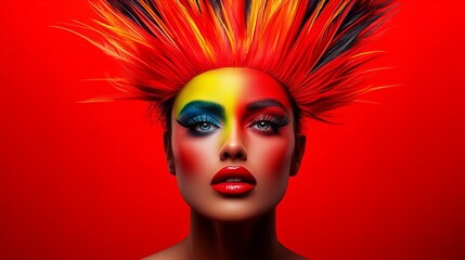 Woman displays vibrant makeup with striking red lipstick, blue eyeshadow, and bold colorful hair against a saturated red background showcasing a cr...