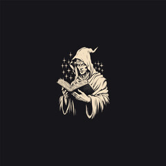 sorcerer holding magic book design vector template illustration