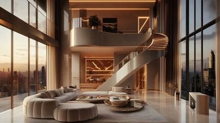 Extravagant Penthouse Interior Design with Striking Staircase at Twilight