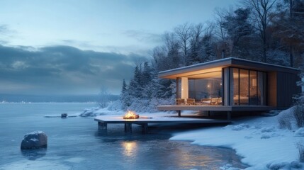 Modern cabin on a snowy lakefront at twilight.  Cozy winter retreat with fireplace