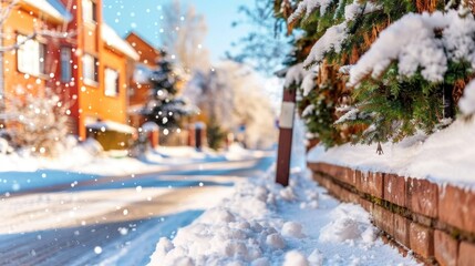Fototapeta premium Snowy suburban street with evergreen trees and red brick fence in winter sunlight