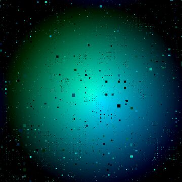 High-tech abstract video with teal blue gradient and floating pixels in vignetted liminal space. Smooth parallax motion creates immersive depth. Loop for tech presentations