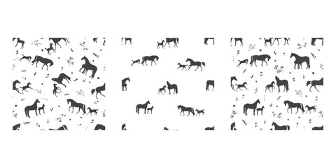 A set of seamless patterns with mares and foals in the pasture