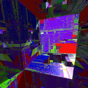 Vibrant 3D glitch animation with blocky geometric shapes and colorful digital distortion effects. Perfect seamless loop for VJ performances, backgrounds, and modern tech presentations.