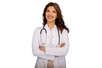 Confident female doctor smiling with crossed arms on transparent background