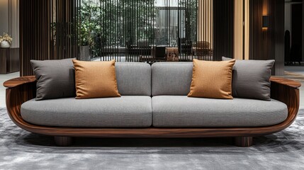 Modern curved sofa with wooden frame and gray upholstery, accented by orange and gray pillows