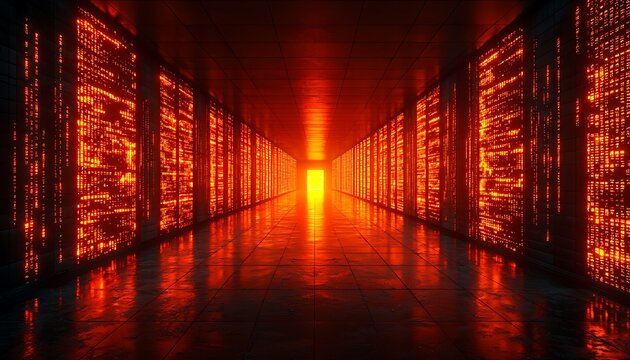 Fiery Data Center Corridor Glow