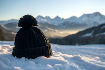 Black beanie mockup on snow with mountain landscape background