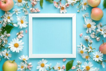 Obraz premium Beautiful spring nature background with lovely blossom, petal a on turquoise blue background , top view, frame. Springtime concept. 