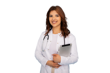 Smiling doctor holding tablet with transparent background