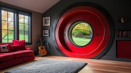 Red circular door in a modern room, leading to a garden view.