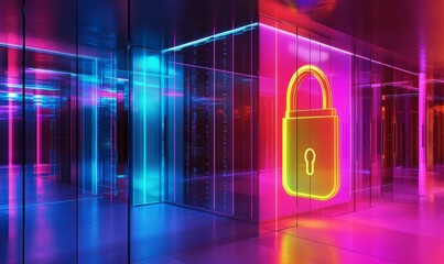 Secure digital lock over corporate server racks, symbolizing data protection and cybersecurity. vibrant neon colors enhance modern tech atmosphere