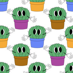 Seamless pattern with groovy cactus