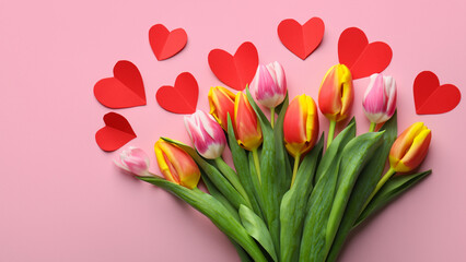 Valentines Day Background. Tulips and Hearts.