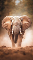 Massive African elephant traversing arid savanna landscape, kicking up billowing dust clouds while revealing raw wilderness strength