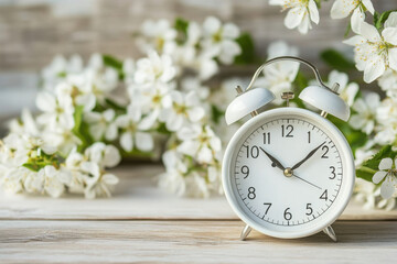 Spring forward. Time change in spring. Daylight saving time. Vintage alarm clock with tiny white spring blooming tree branches flowers. Clock turn forward one hour in spring