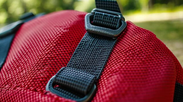 Close-up of a durable red and black backpack strap highlighted by natural sunlight in an outdoor park setting