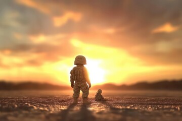 Fototapeta premium Two toy soldiers stand and look at the beautiful sunset together