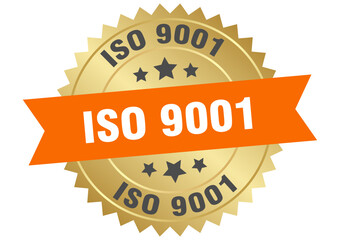 iso 9001. iso 9001 round orange and gold label isolated on transparent background