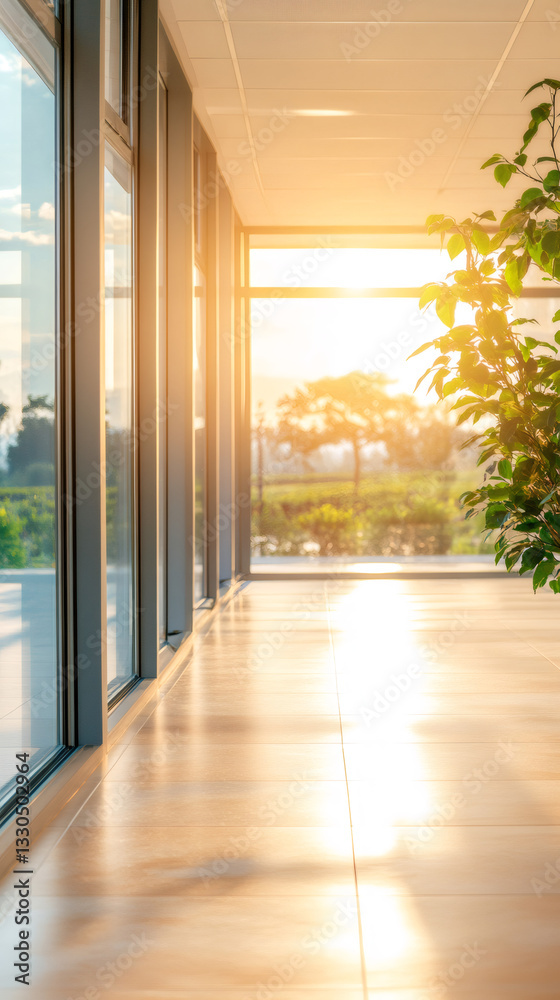 Aufkleber warm sunlight illuminating an empty office corridor with large windows and a potted plant, creating 