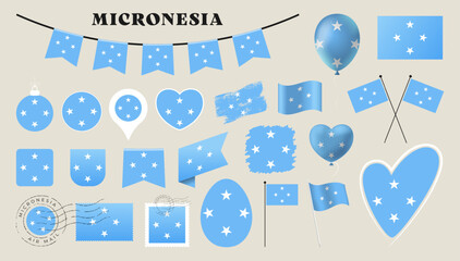 micronesia flag set. Various National flag collection with different shapes like heart, shield, easter egg, location, circle, postmark, grunge, square, round and rectangle vector illustration