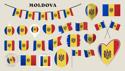 moldova flag set. Various National flag collection with different shapes like heart, shield, easter egg, location, circle, postmark, grunge, square, round and rectangle vector illustration