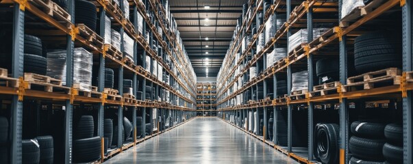 A long aisle in a warehouse filled with rows of tires on shelves.