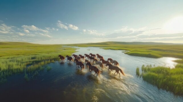 Majestic herd of horses crossing a serene river in a vast grassy plain under a vibrant sky