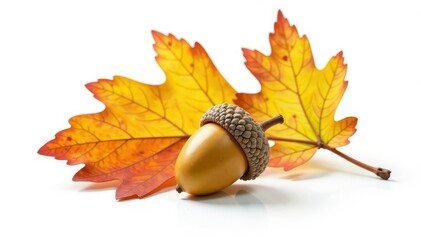 Single oak acorn isolated against white background, fall, leafy