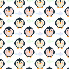 Pattern con graziosi pinguini e pesci colorati