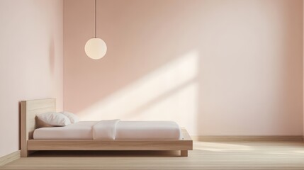 A minimalist bedroom with a light oak wood bed frame and soft, warm lighting that creates a serene atmosphere