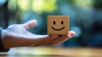 A happy face in a hand symbolizes positive thinking.  A smiling wooden cube represents mental health assessments.  It's all about World Mental Health Day.
