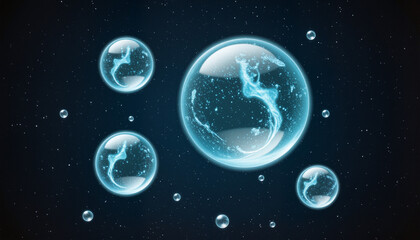 Fototapeta premium Mystical glowing orbs of Aquatic Awe energy levitating in a vast starfield