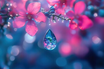 Fototapeta premium A glistening water droplet reflecting blossoms suspended from floral branches