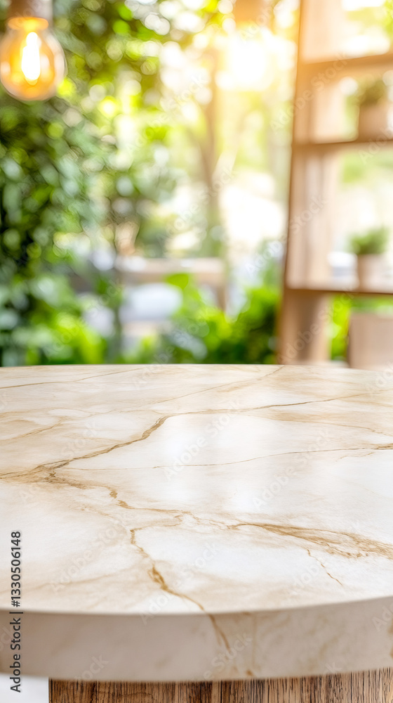 Aufkleber Empty round marble table top featuring a blurred garden background, creating an ideal setting for product placement and display