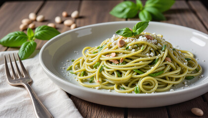 Minimalistic pesto pasta served in a clean white bowl, garnished with cheese and basil on rustic wooden table